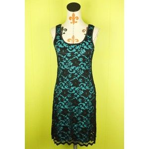 Karen Kane Sleeveless Stretch Sheath Dress Black Lace Blue Lining USA